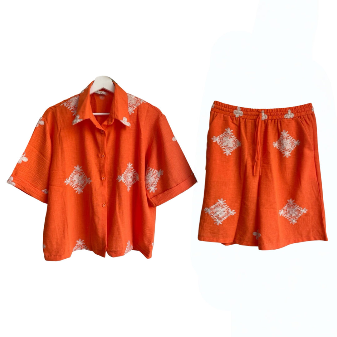 Orange Embroidered Shirt & Short Set