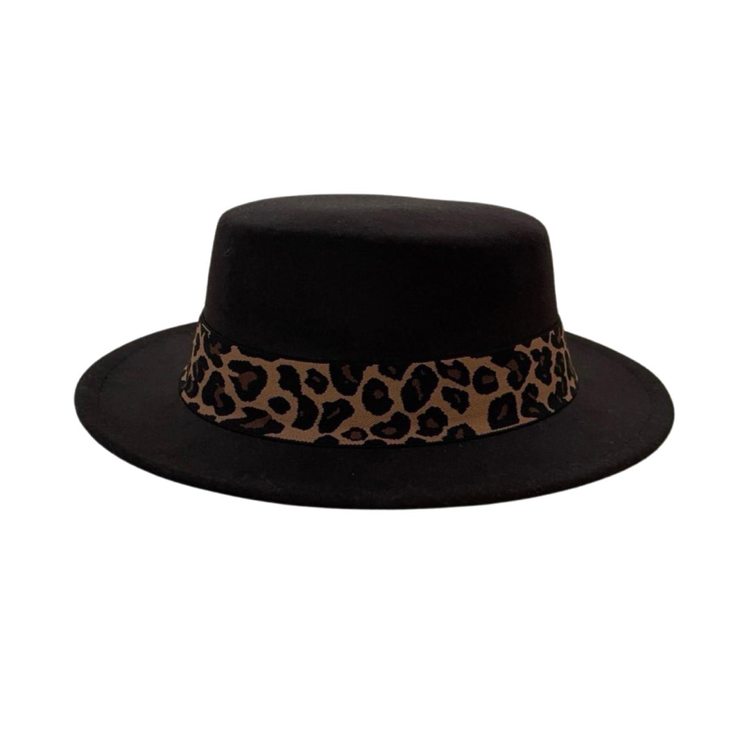 Black Round Top Fedora with Leopard Strap