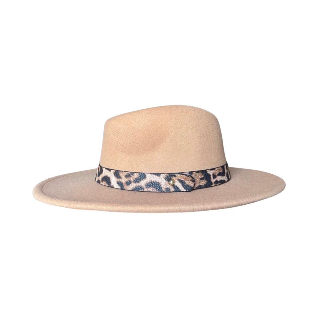 Beige Semi Wide Brim Fedora With Leather Cheetah Strap