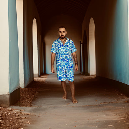 Blue and White Patterned Shirt &amp; Short Set