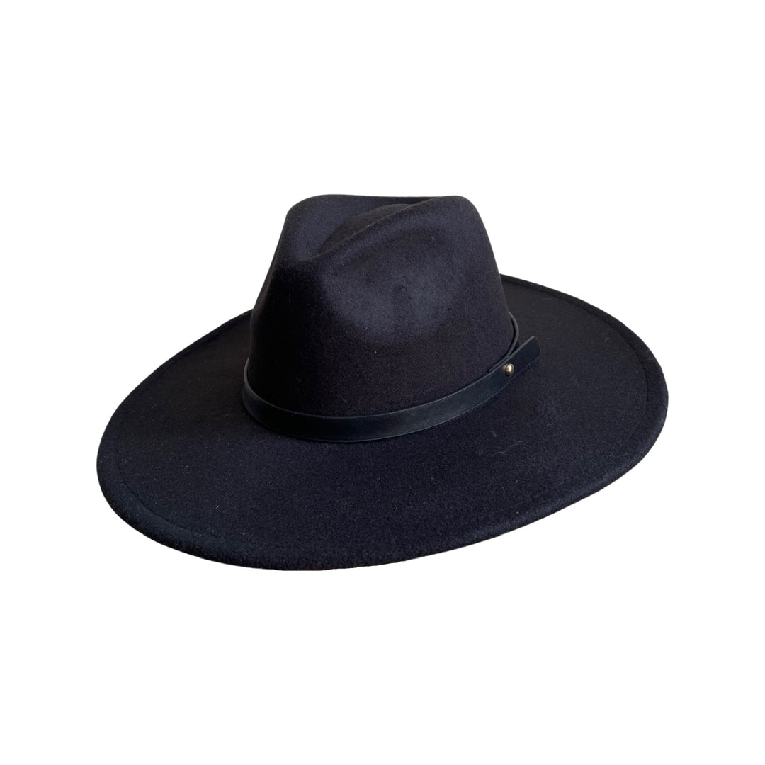 Black Wide Brim Fedora With Leather Strap