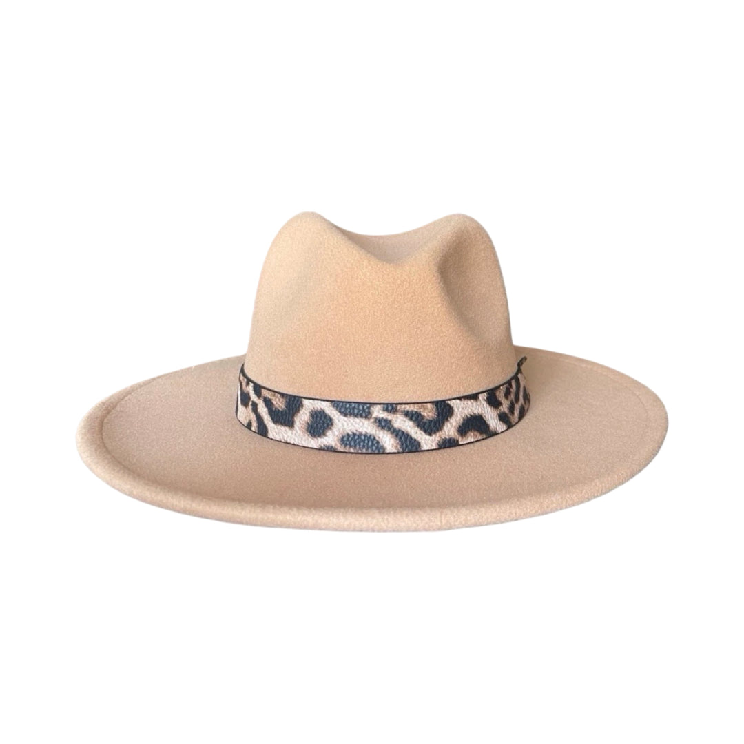 Beige Semi Wide Brim Fedora With Leather Cheetah Strap