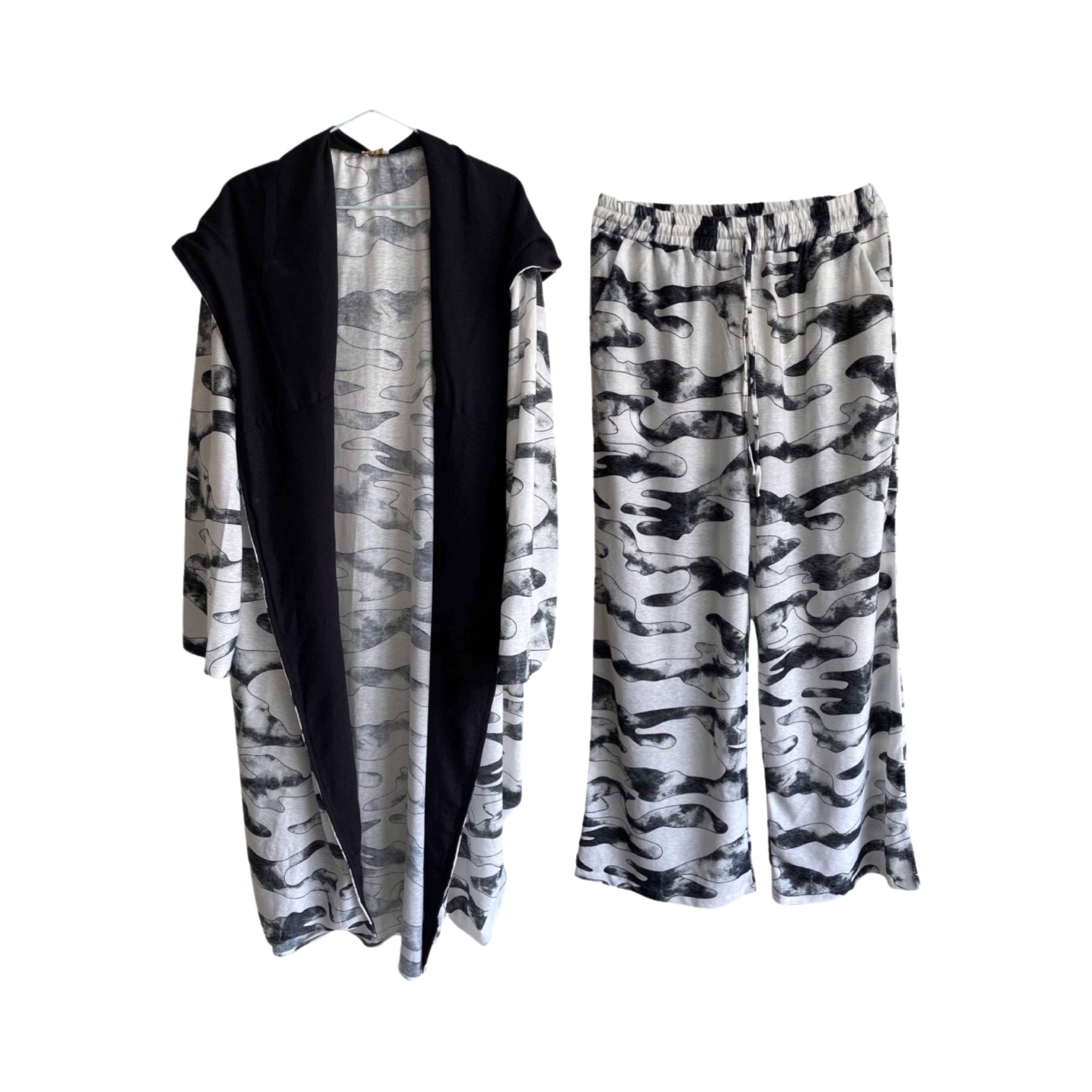 Black and White Hooded Kimono and Pant Set