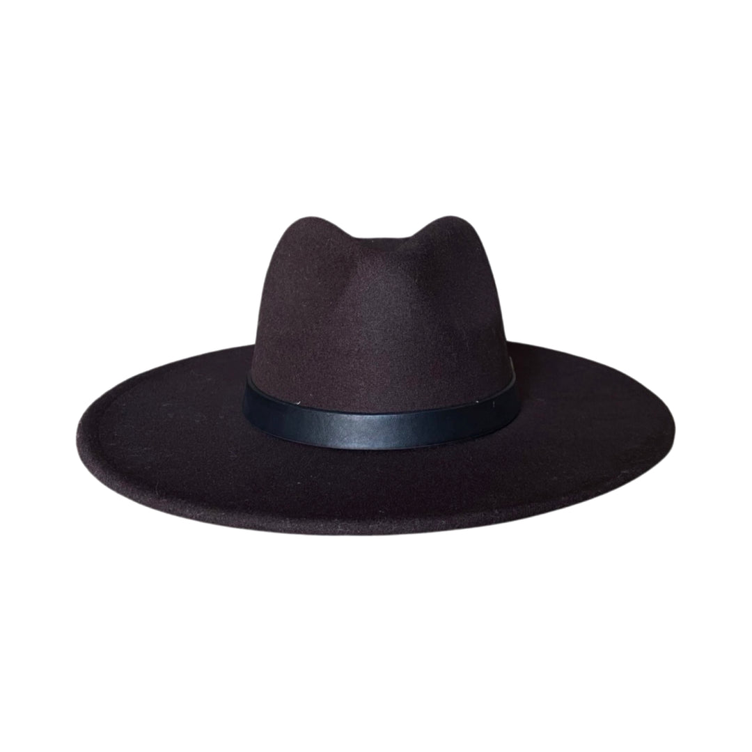 Dark Brown Wide Brim Fedora With Black Leather Strap