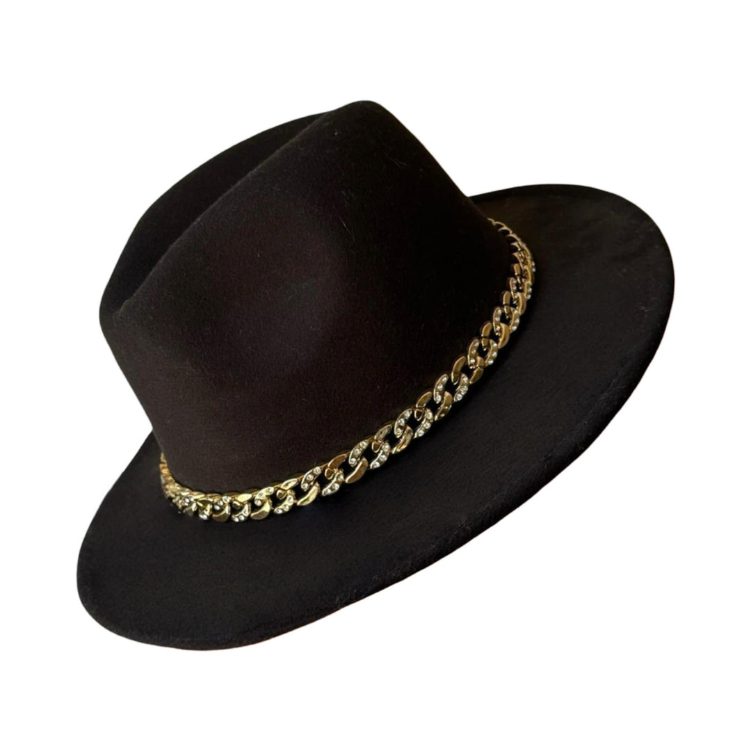 Black Fedora with Red Interior & Gold Chain