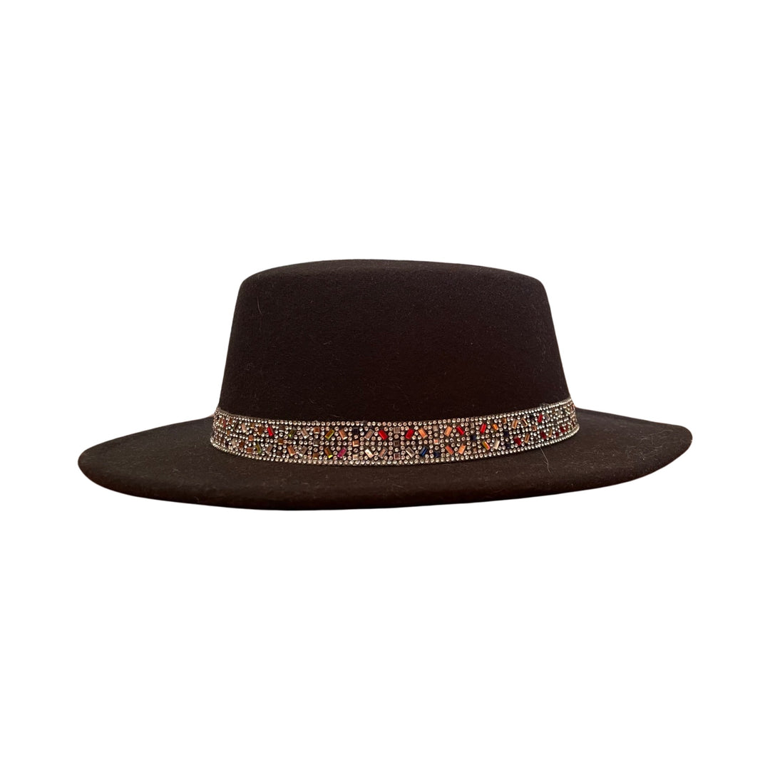 Black Round Top Fedora Colored Diamond Strap