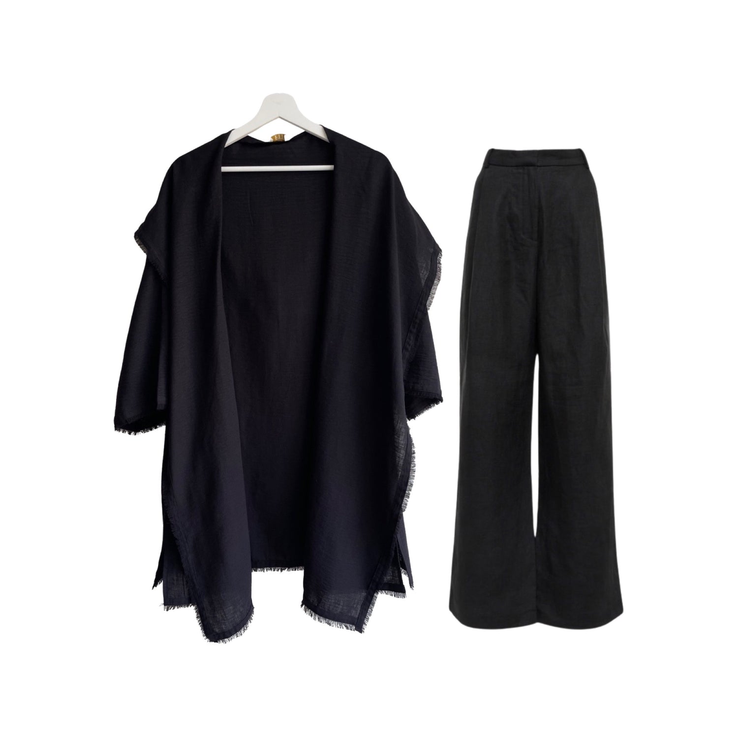 Linen Hooded Kimono &amp; Pant Set with Trim