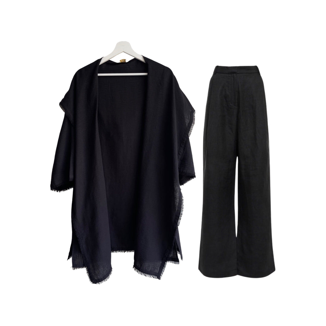 Linen Hooded Kimono & Pant Set with Trim