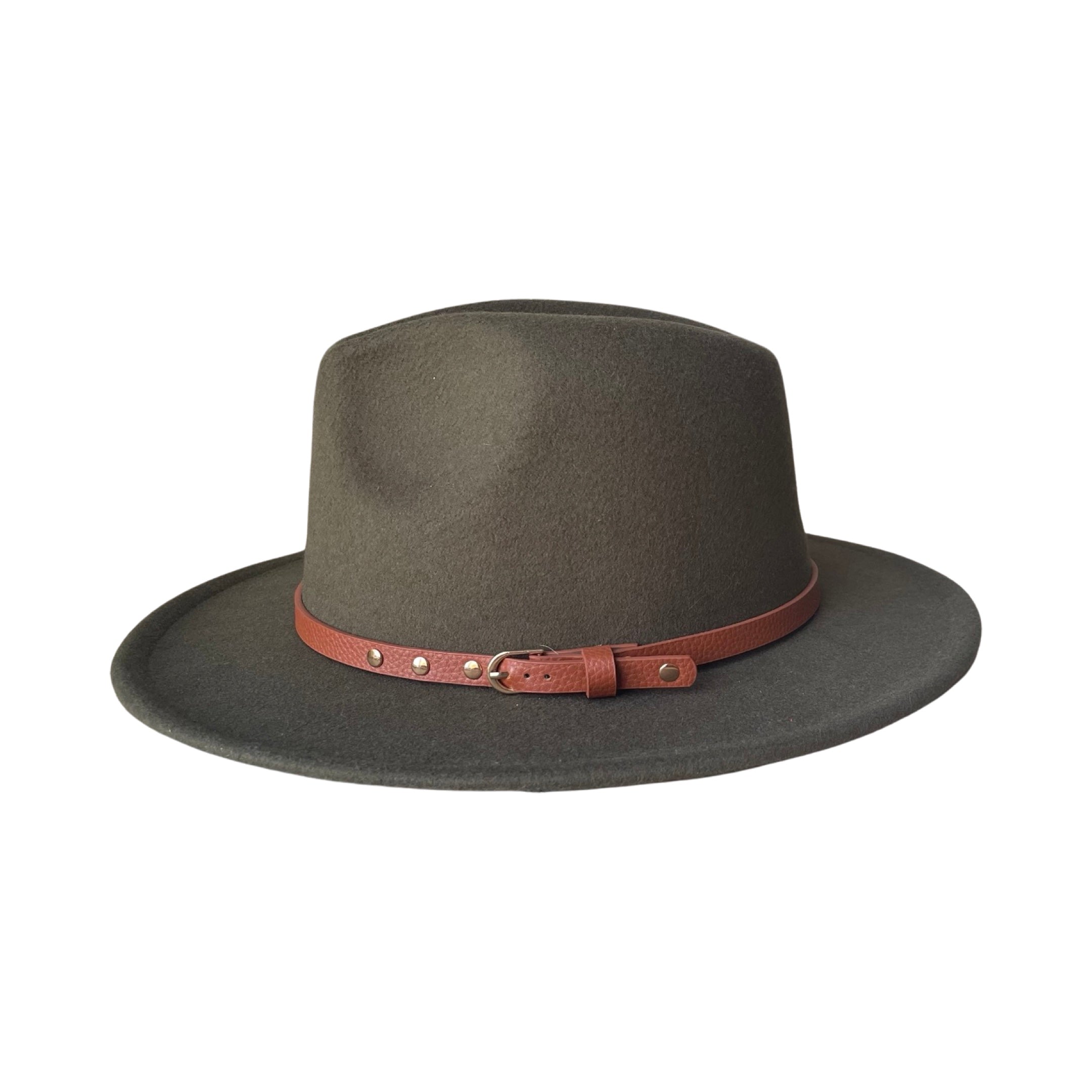 Olive Fedora With Brown Leather Strap