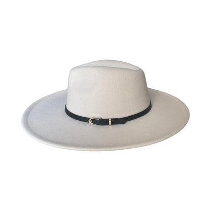 Off White Wide-Brim Fedora With Black Leather Stap