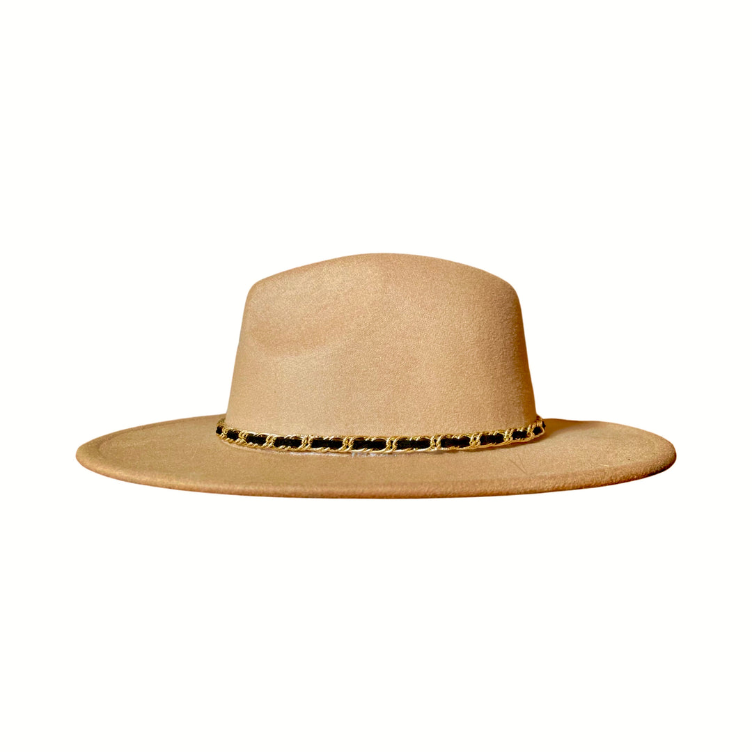 Beige Wide-Brim Fedora with Gold Chain & Black Strap