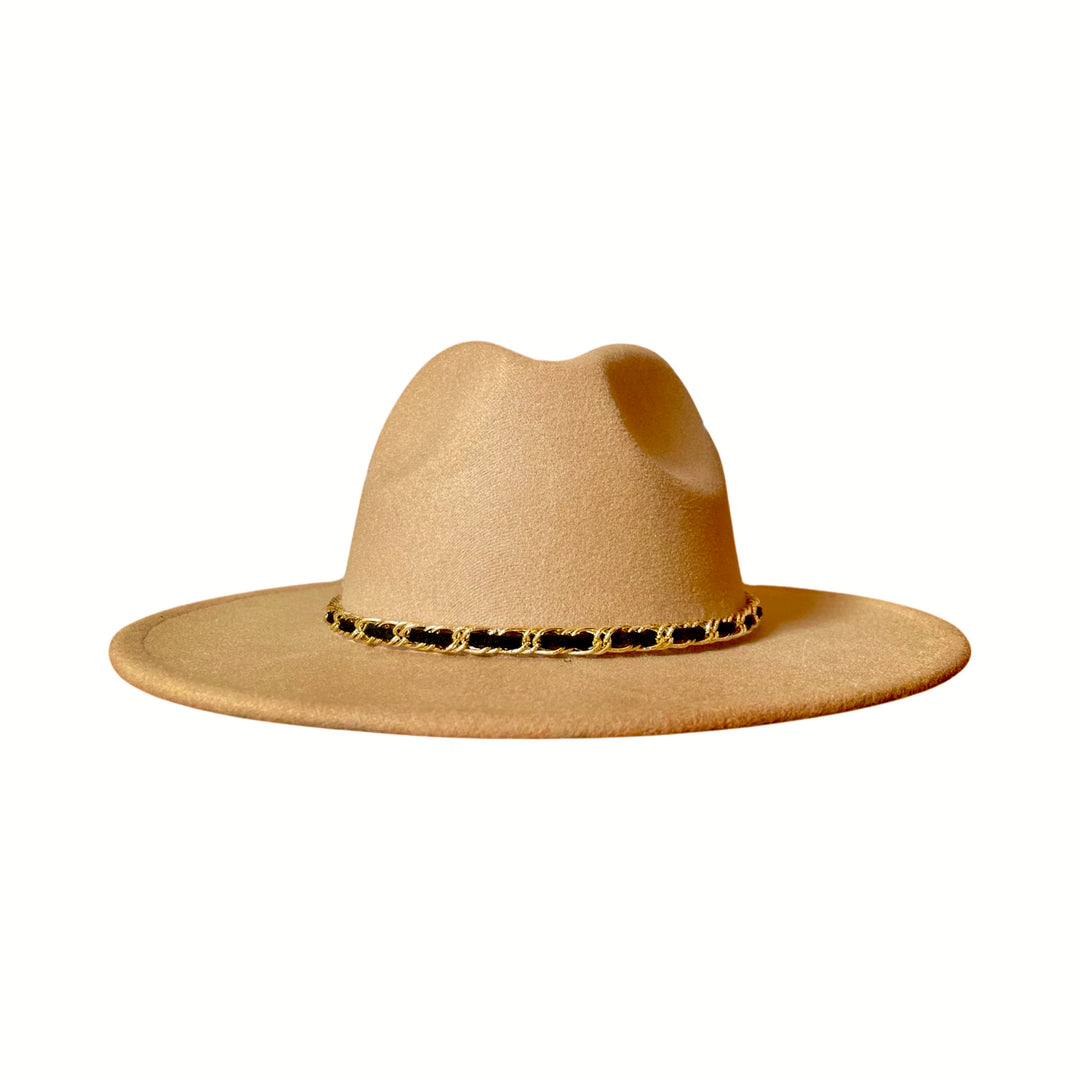 Beige Wide-Brim Fedora with Gold Chain & Black Strap