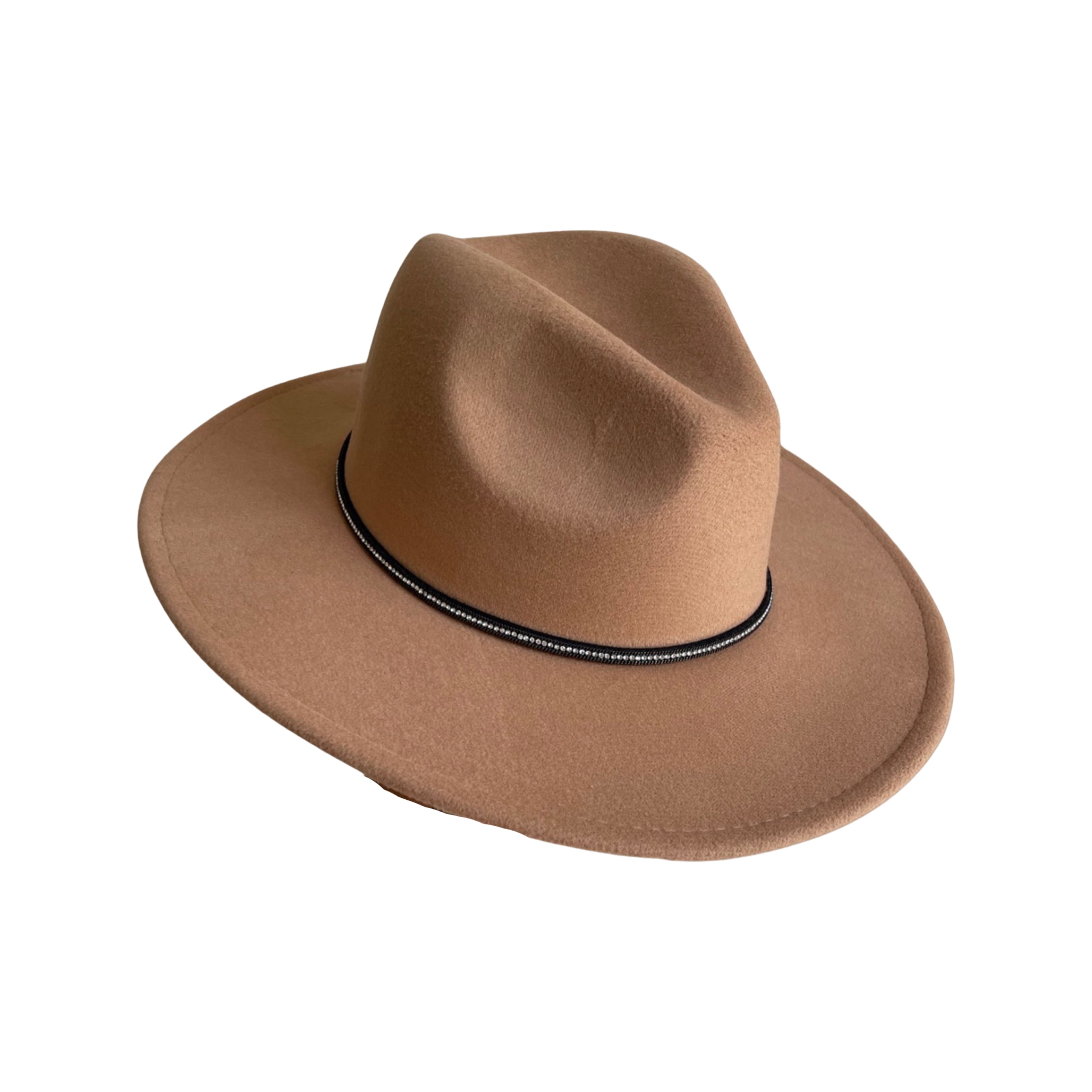 Beige Wide-Brim Fedora Thin Strap and Silver Studs