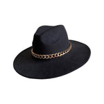 Load image into Gallery viewer, Black Wide-Brim Fedora with Thick Gold Chain
