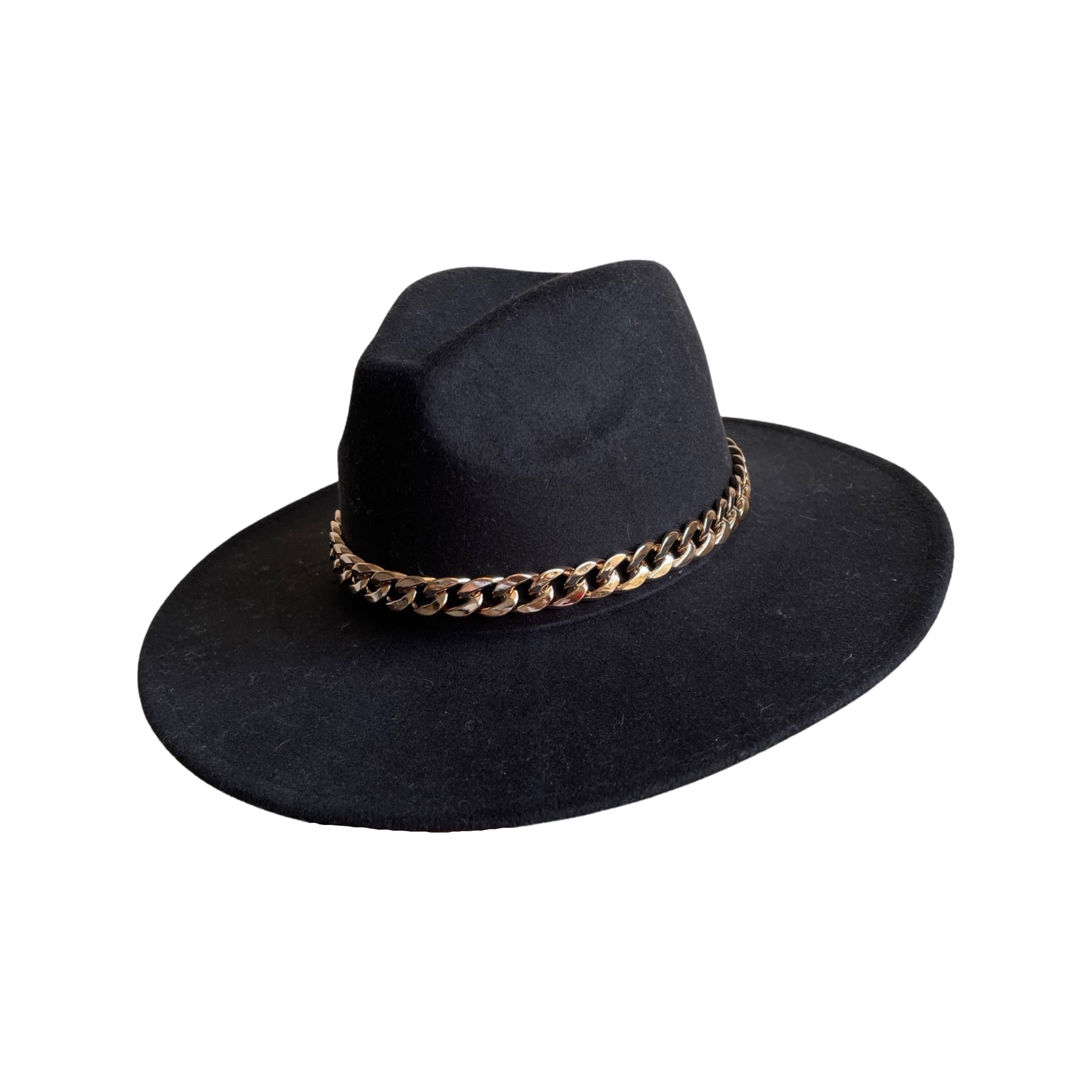 Black Wide-Brim Fedora with Thick Gold Chain