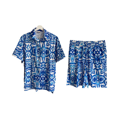 Blue and White Patterned Shirt &amp; Short Set