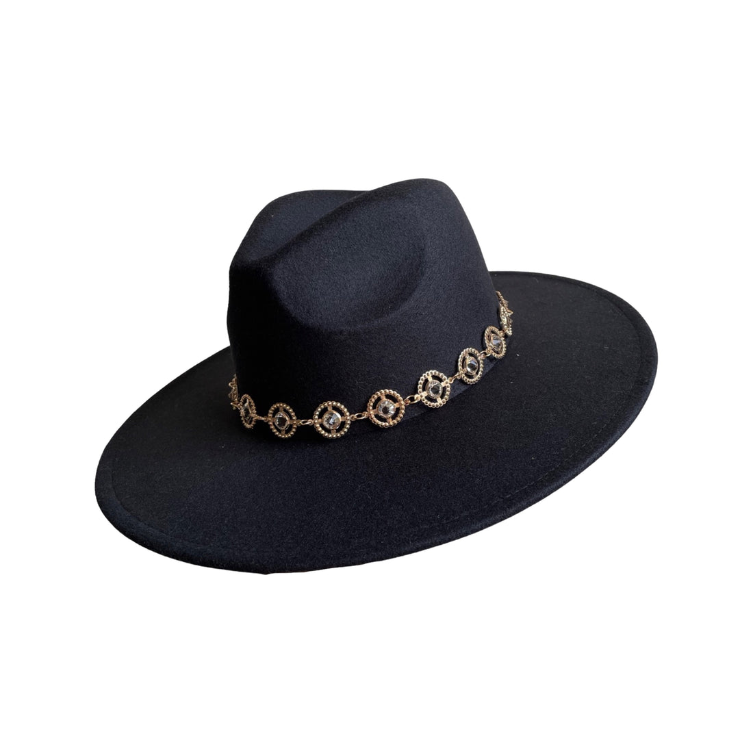 Black Wide-Brim Fedora with Circular Chain