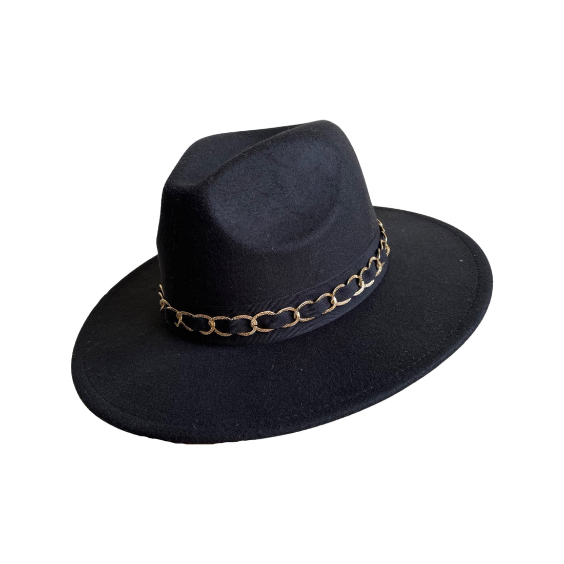 Black Wide-Brim Fedora with Gold Chain