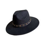 Load image into Gallery viewer, Black Wide-Brim Fedora with Gold Chain
