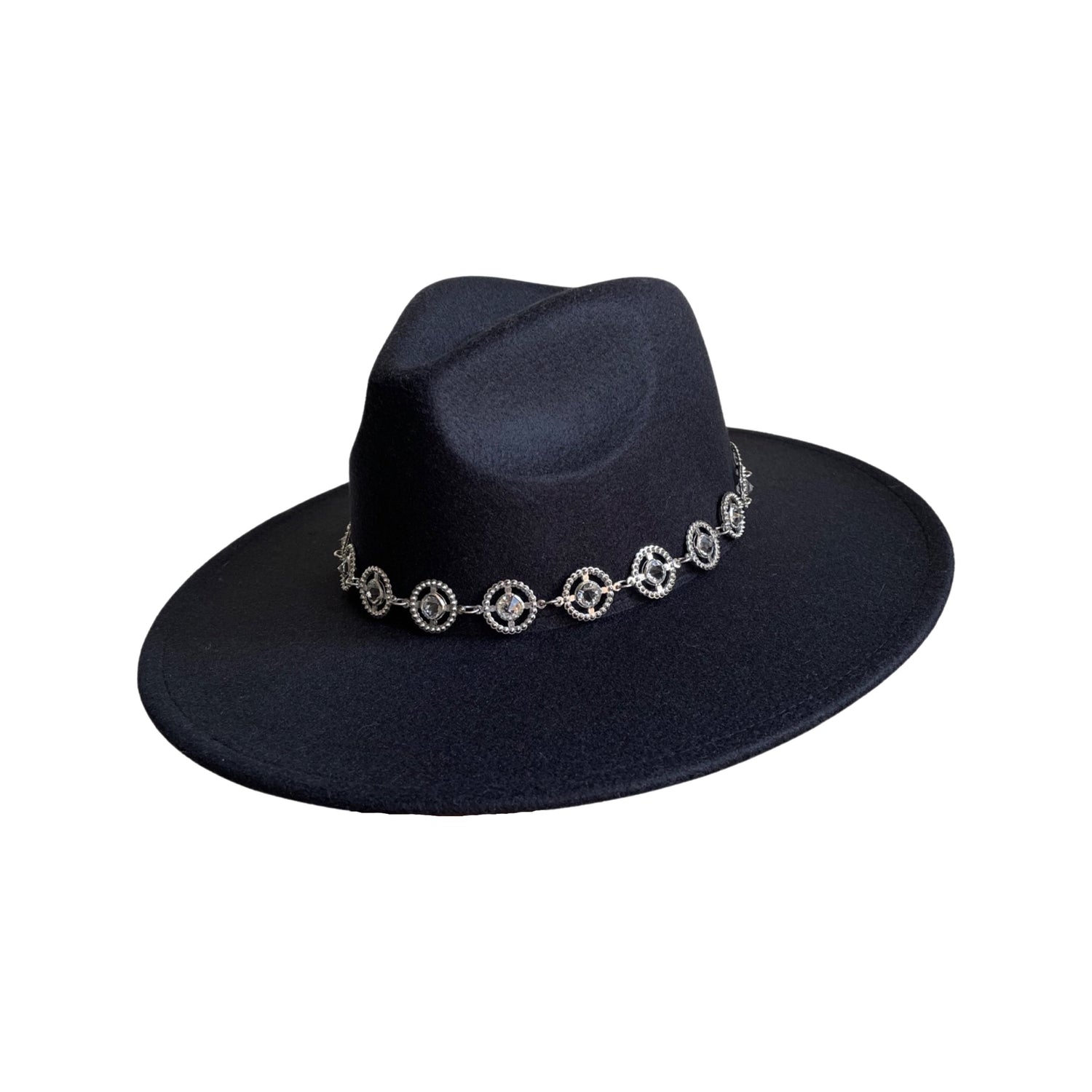 Black Wide-Brim Fedora with Circular Chain