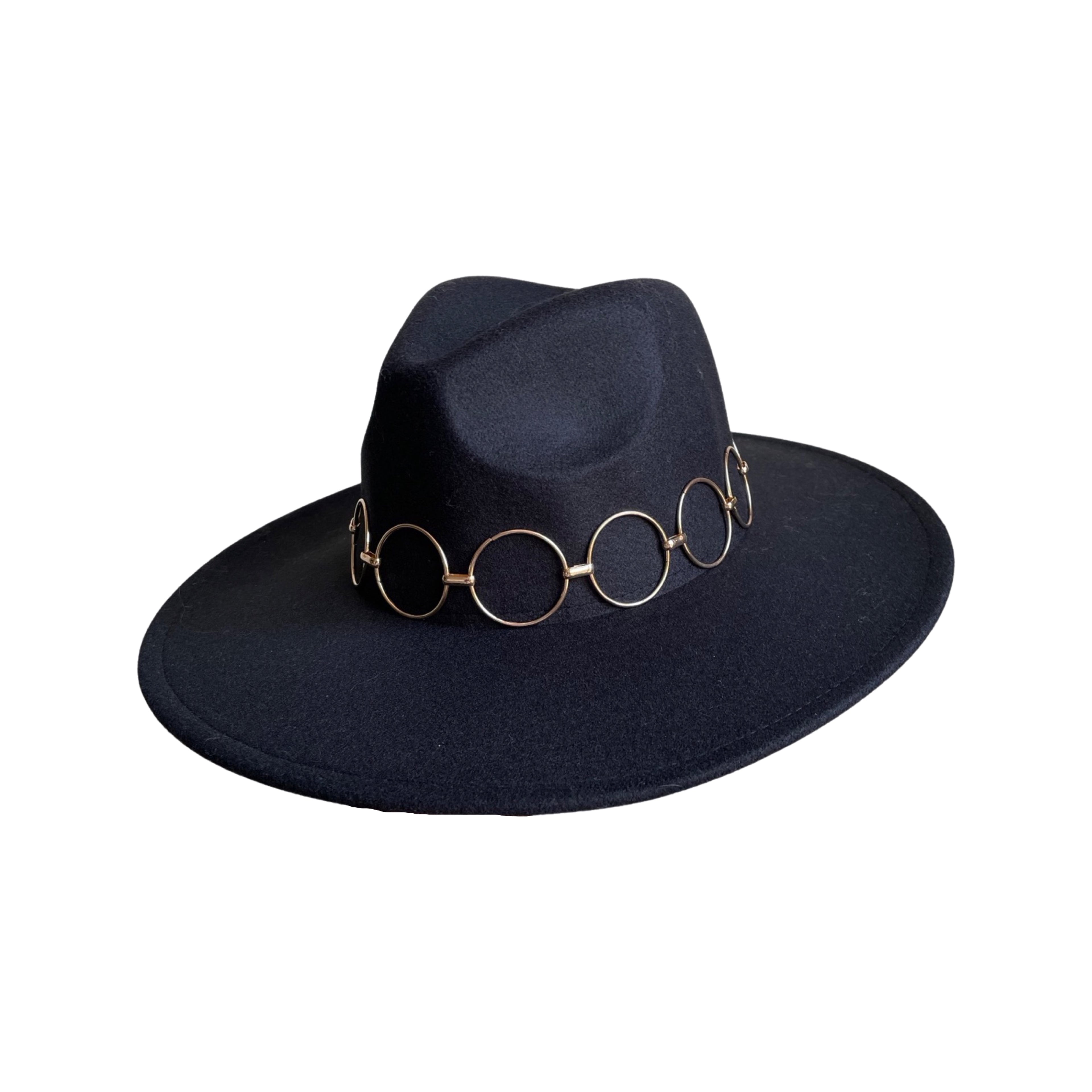 Black Wide-Brim Fedora With Gold Hoops