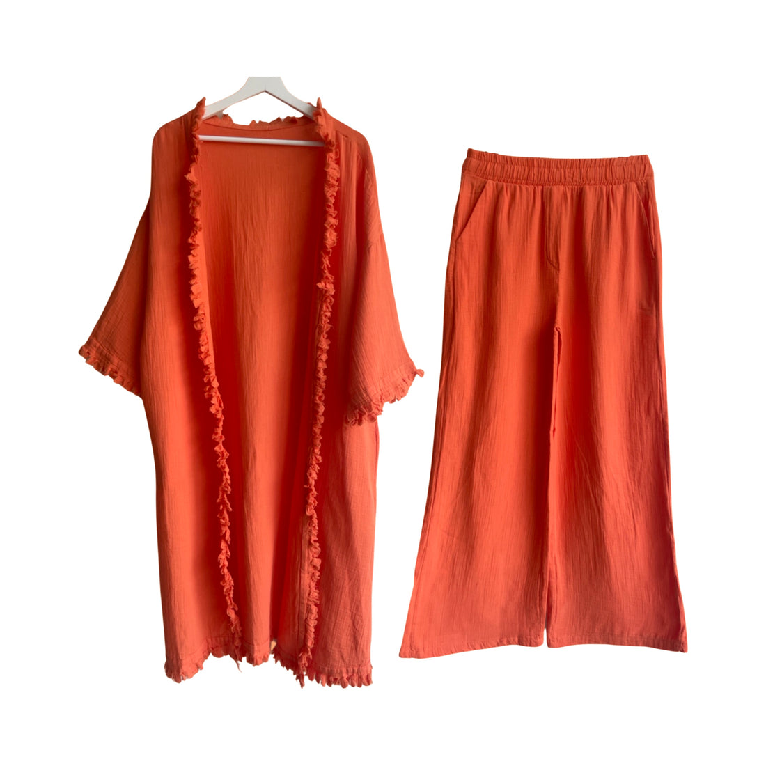 Orange Linen Kimono &amp; Pant Set with Trim