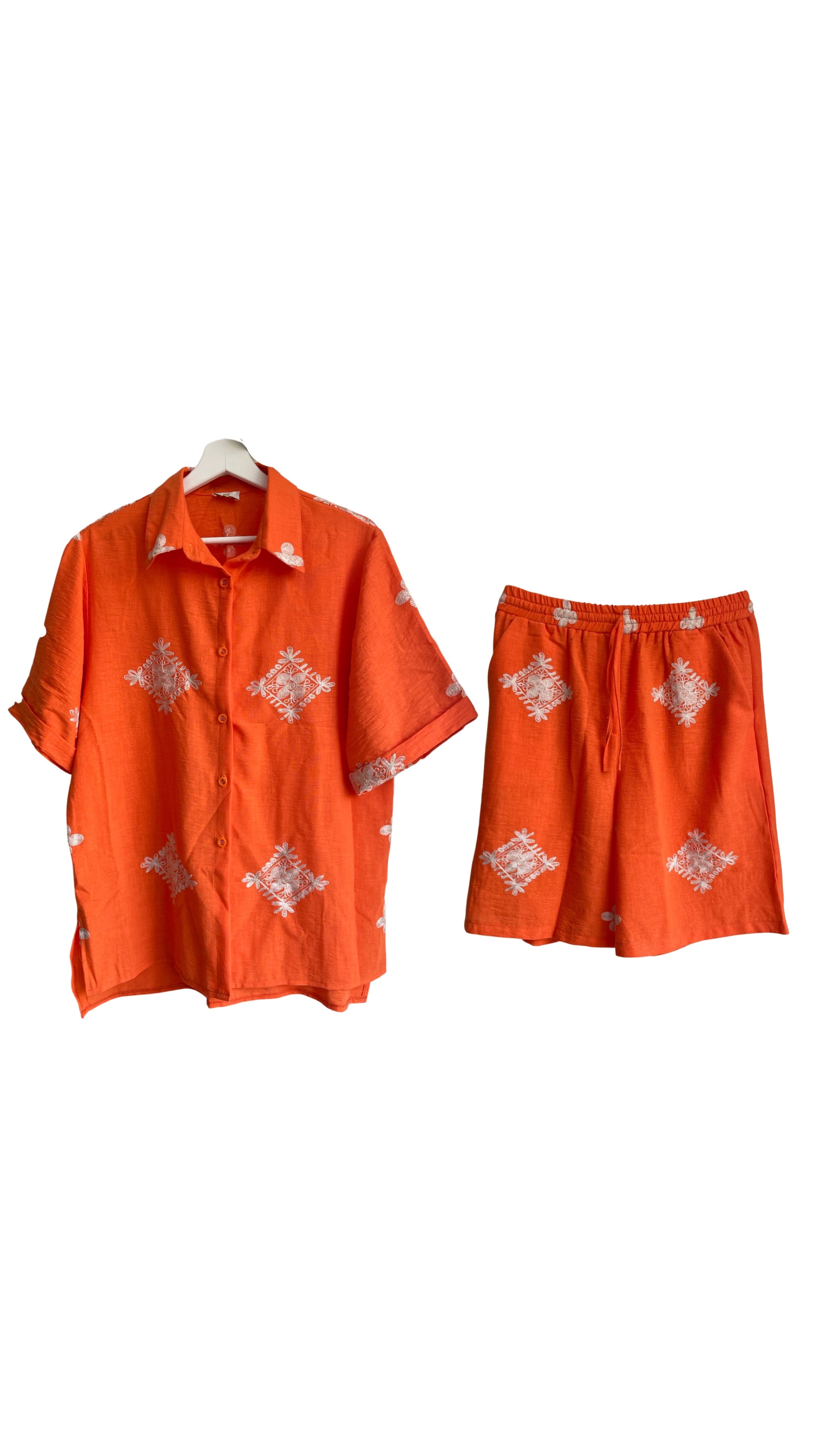 Orange Patterned Linen Short &amp; Pant Set