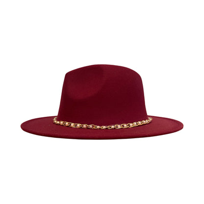 Maroon Fedora With Gold Chain and Pearls