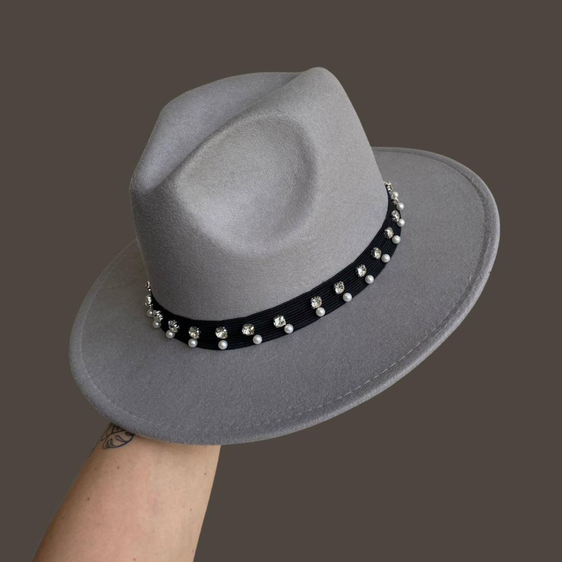 Grey Fedora With Thick Strap Pearls and Crystals