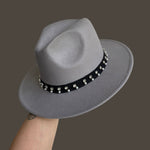 Load image into Gallery viewer, Grey Fedora With Thick Strap Pearls and Crystals
