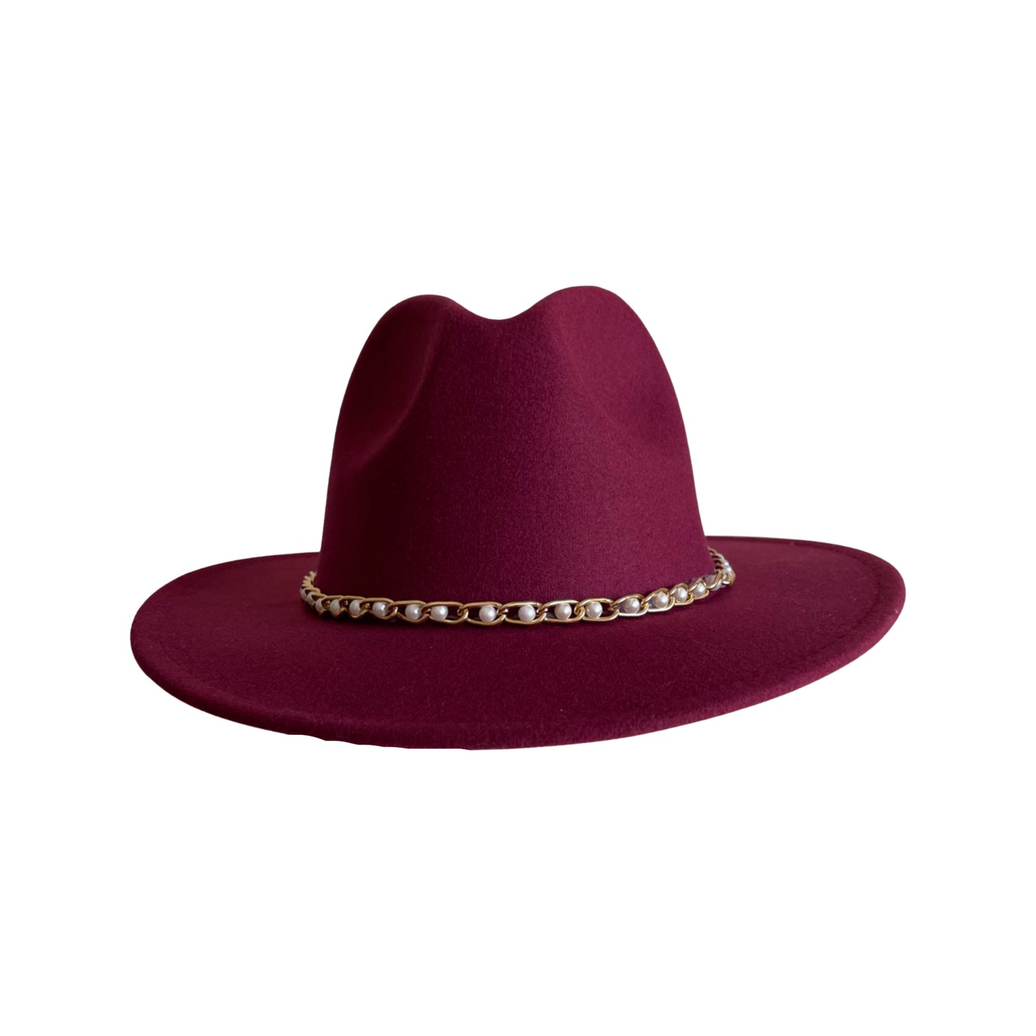 Maroon Fedora With Gold Chain and Pearls