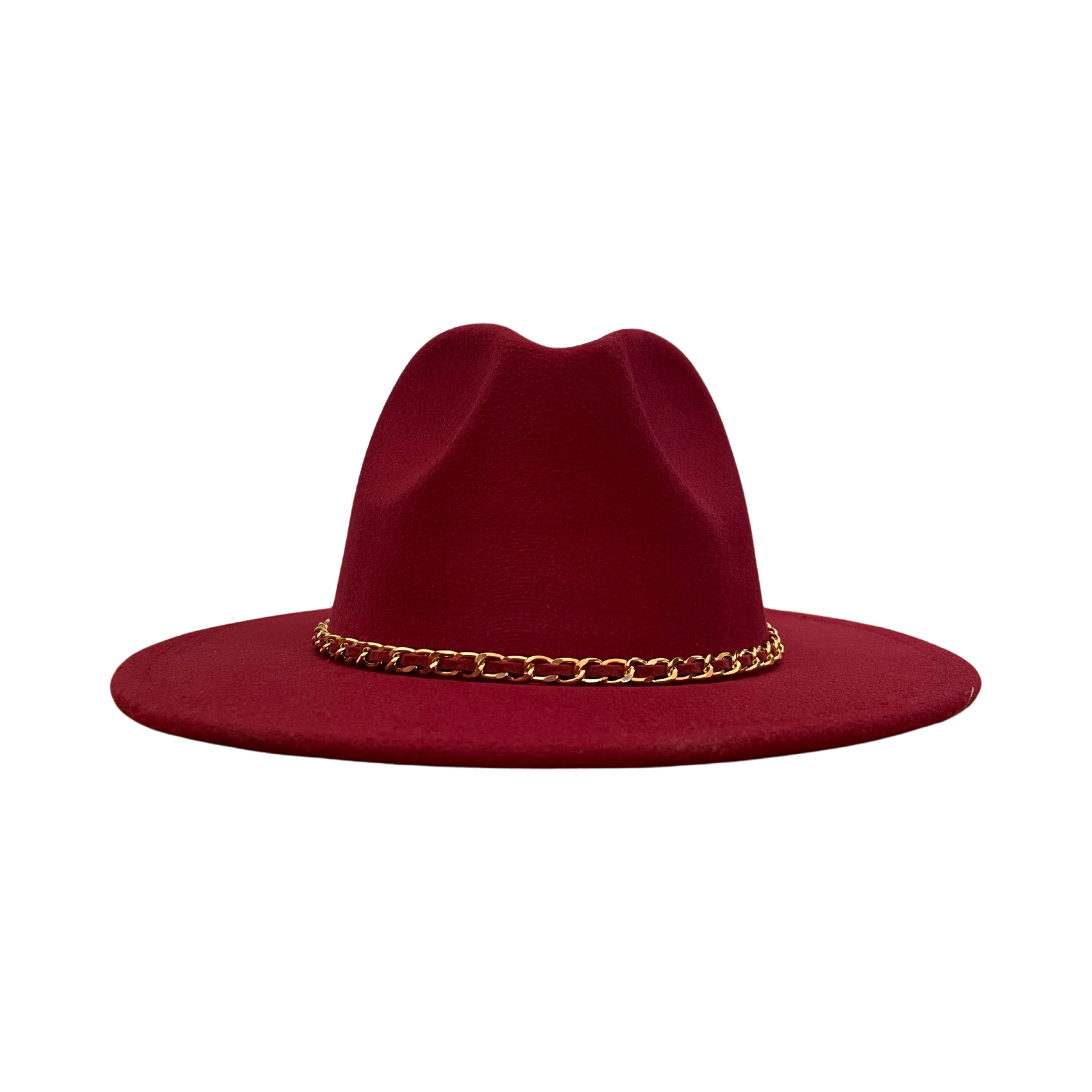 Maroon Fedora With Strap and Gold Chain