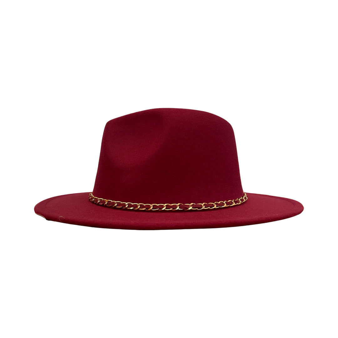 Maroon Fedora With Strap and Gold Chain